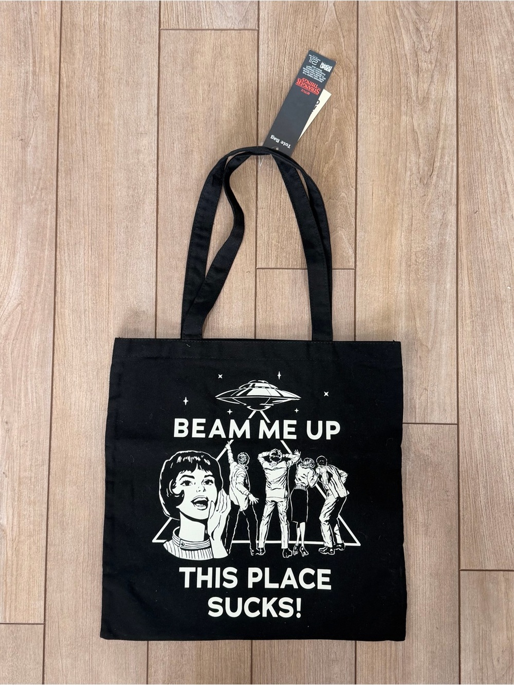 Stranger Things Black Graphic Tote Bag - Beam Me Up This Place Sucks!